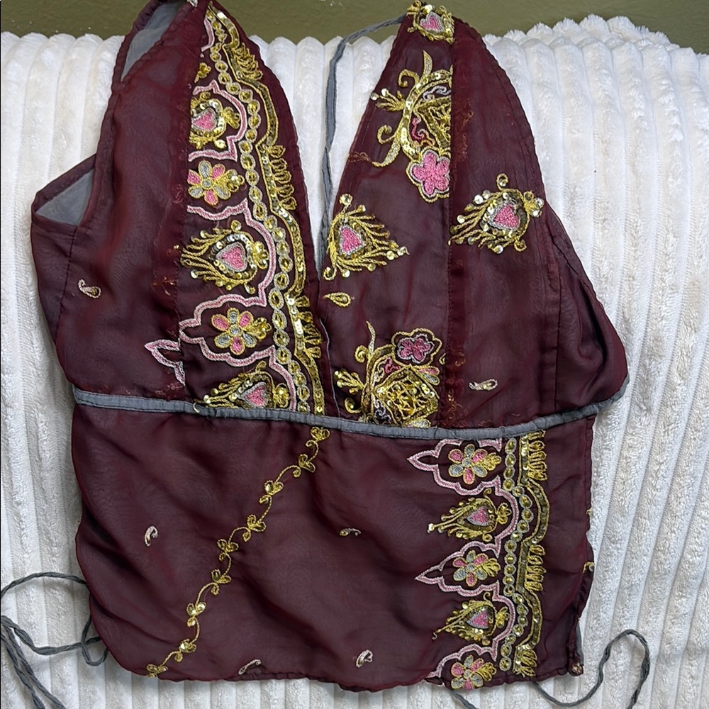 Embroidered & Sequined Burgundy Sleeveless Top